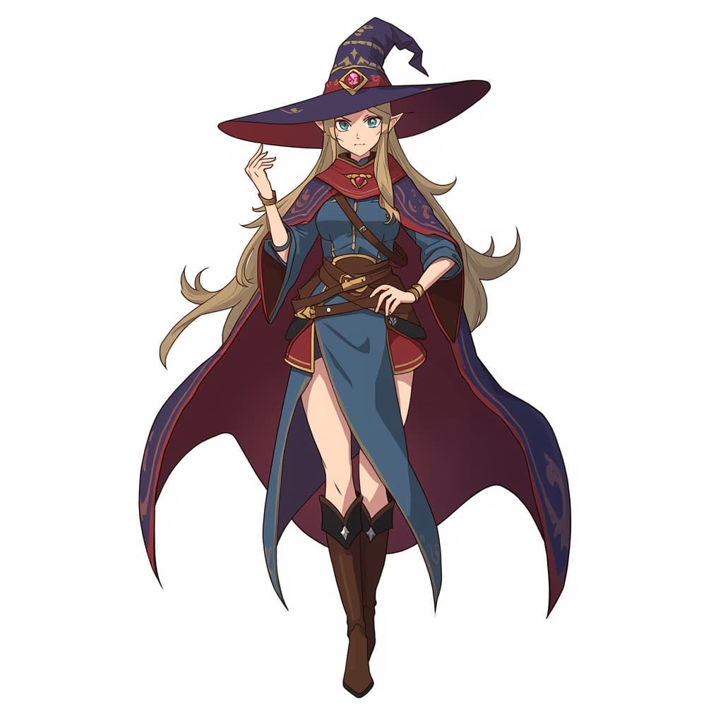 A female elf wizard.
Square format, No background,The full character must be visible from head to toe.
Style guidance: fantasy, anime fantasy illustration, clean lines, expressive shapes, vibrant but controlled color, readable silhouette, soft cinematic lighting.