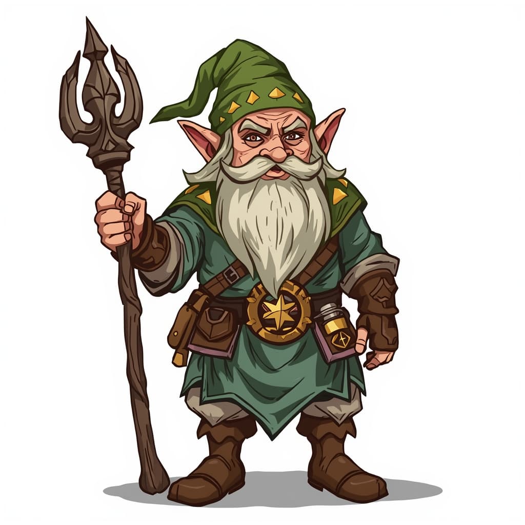 A male gnome druid.
No background, the full character must be visible from head to toe.
Style guidance: fantasy, hand-drawn fantasy illustration, visible line character, natural sketch energy, soft color fill, readable silhouette.