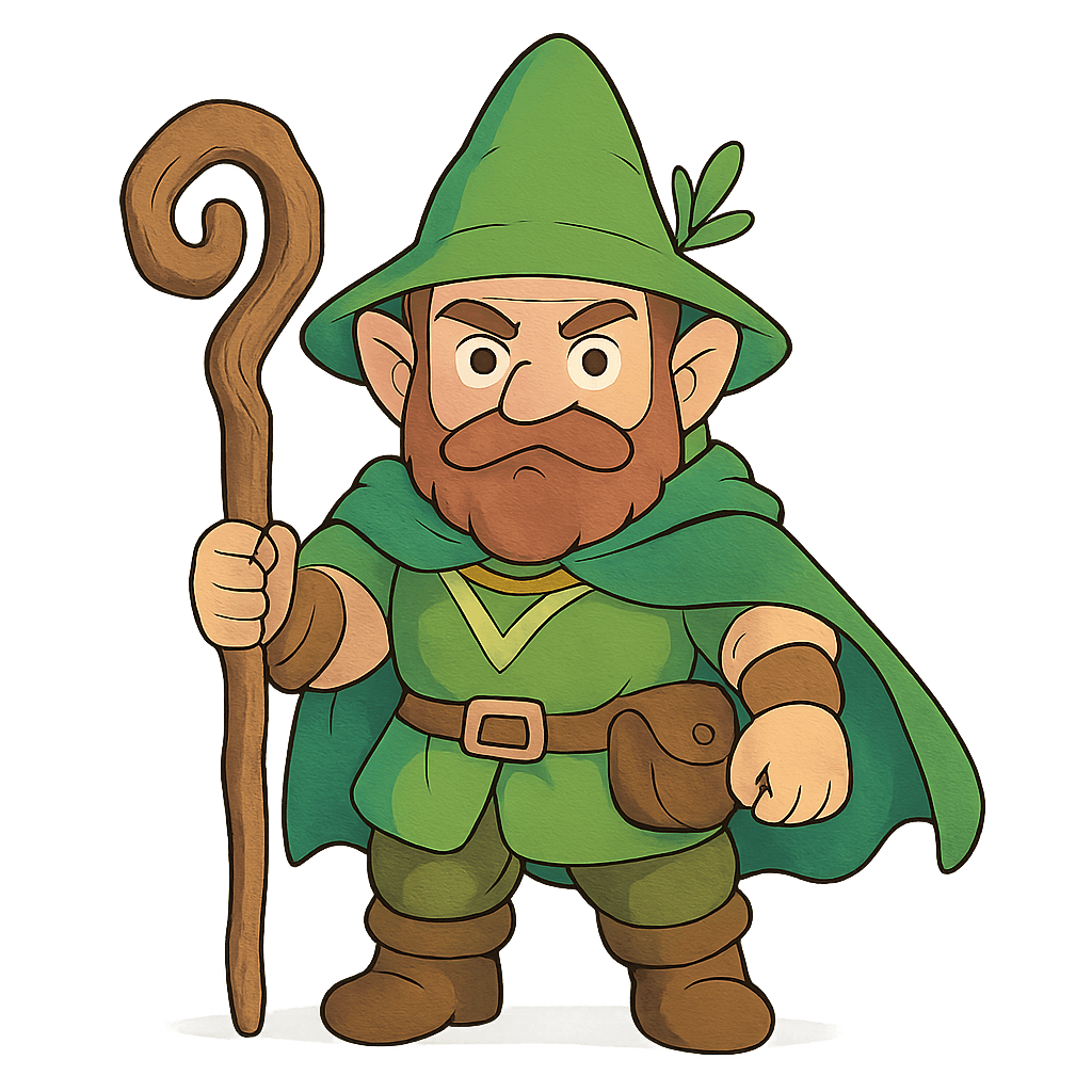 A male gnome druid.
No background, the full character must be visible from head to toe.
Style guidance: fantasy, square format, Ghibli-inspired fantasy style, bold clean outlines, crisp linework, high clarity, smooth vector-like shading with soft gradients, bright but balanced colors, slightly natural color palette, highly readable silhouette, centered composition, slightly dynamic pose, consistent soft lighting, minimal shadows, no text, no border, no watermark.