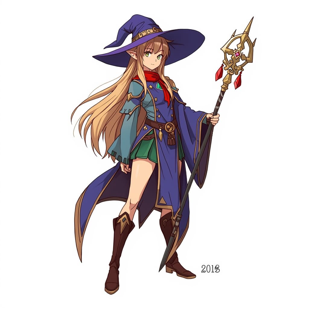 A female elf wizard.
Square format, No background,The full character must be visible from head to toe.
Style guidance: fantasy, anime fantasy illustration, clean lines, expressive shapes, vibrant but controlled color, readable silhouette, soft cinematic lighting.