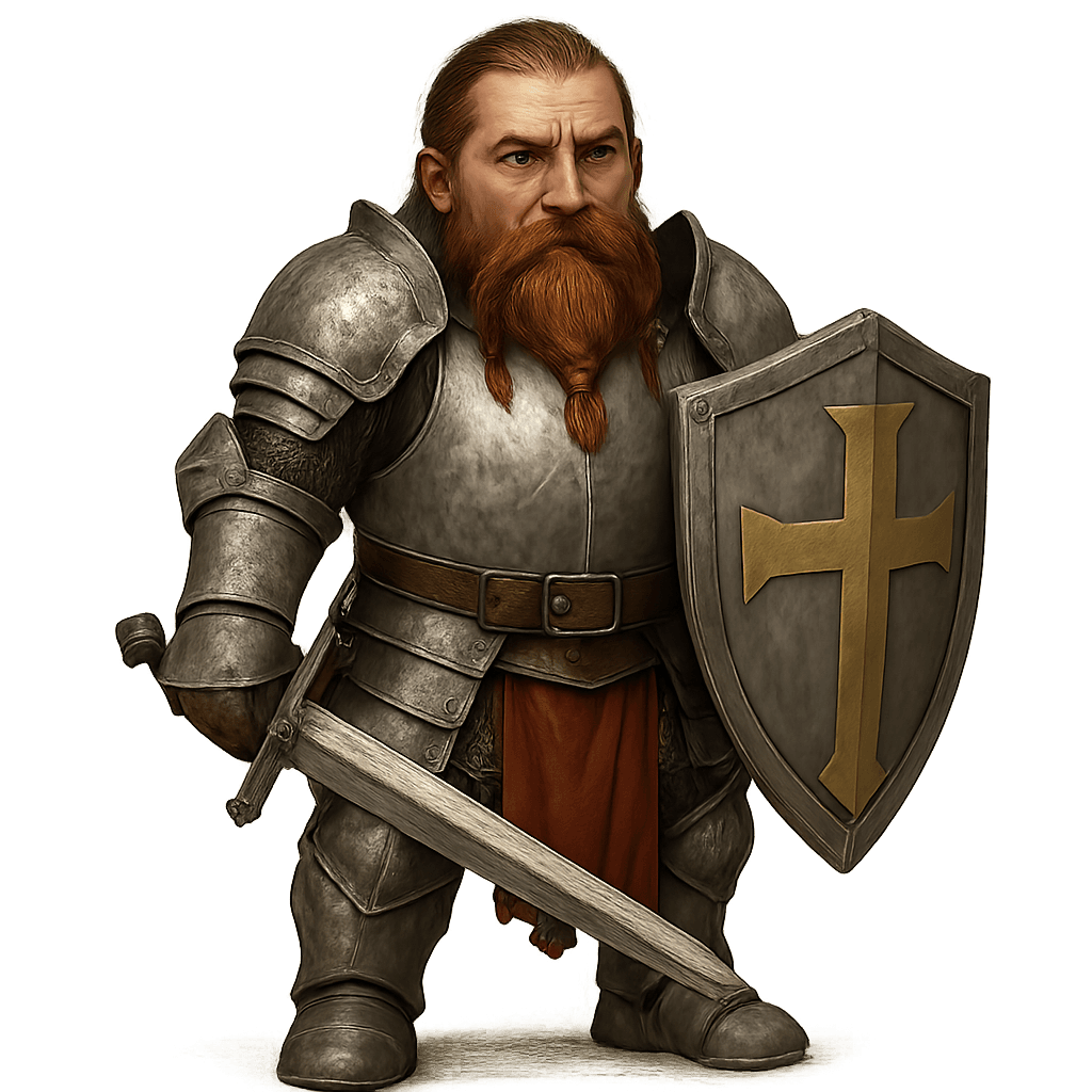 A male dwarf paladin wearing plate armor holding shield, sword.
Use portrait-style framing with an eye-level camera angle.
The full character must be visible from head to toe.
No background. Transparent or plain blank background only.
Keep a clear line of sight to face, clothing, and held items.
Overall feel: fantasy.
Feedback to apply: none.
Additional notes: none.