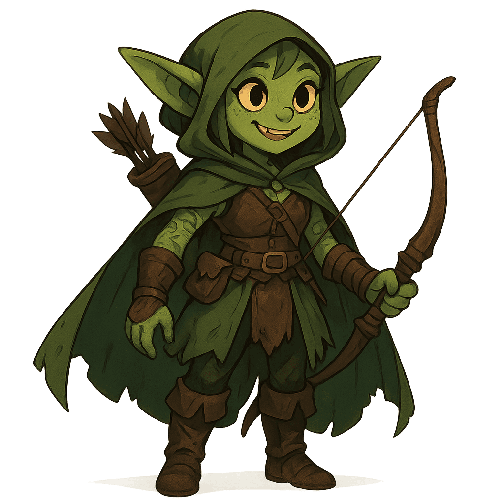 A female goblin ranger wearing hooded tunic, forest gear, leather armor holding bow with tattoos, cape, smiling.
Square format, No background,The full character must be visible from head to toe.
Style guidance: dark fantasy, whimsical, anime fantasy illustration, clean lines, expressive shapes, vibrant but controlled color, readable silhouette, soft cinematic lighting.
Additional notes: A very cute goblin.
