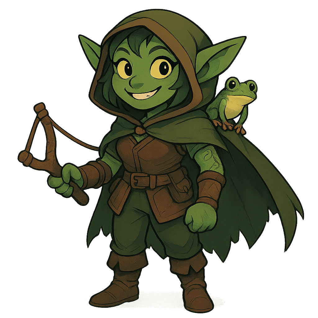 Revise this existing character image concept while keeping the same character identity and overall composition.
Base concept:
A female goblin ranger wearing hooded tunic, forest gear, leather armor holding bow with tattoos, cape, smiling.
Square format, No background,The full character must be visible from head to toe.
Style guidance: dark fantasy, whimsical, anime fantasy illustration, clean lines, expressive shapes, vibrant but controlled color, readable silhouette, soft cinematic lighting.
Additional notes: A very cute goblin.
Requested changes:
Give her a sling instead of a bow but keep her face the same. Also add a cute tree frog as a companion on her sholder
Keep the character full-body and keep background transparent or plain blank.