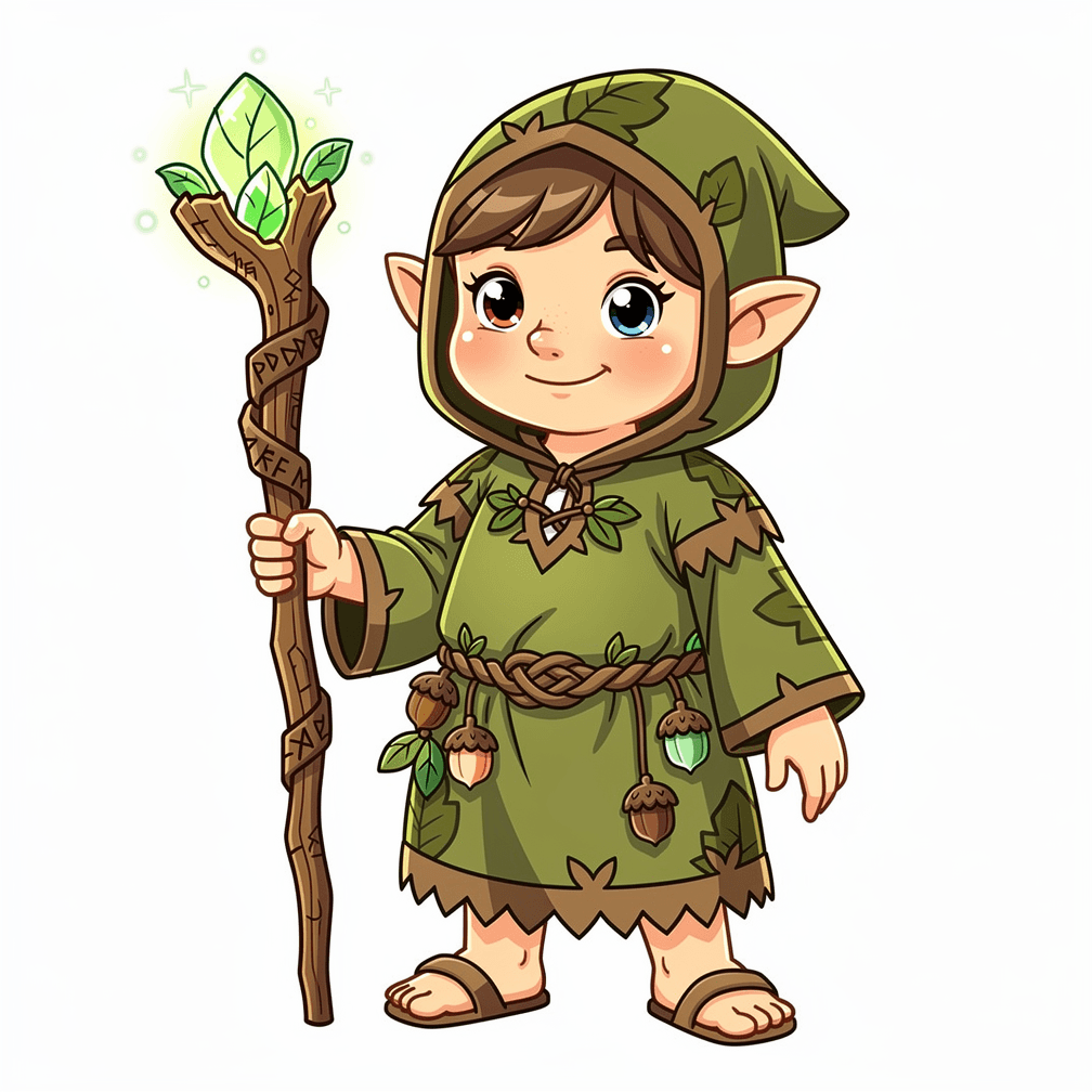 A female gnome druid wearing hooded tunic holding staff.
Square format, No background,The full character must be visible from head to toe.
Style guidance: fantasy, cartoon, for kids.