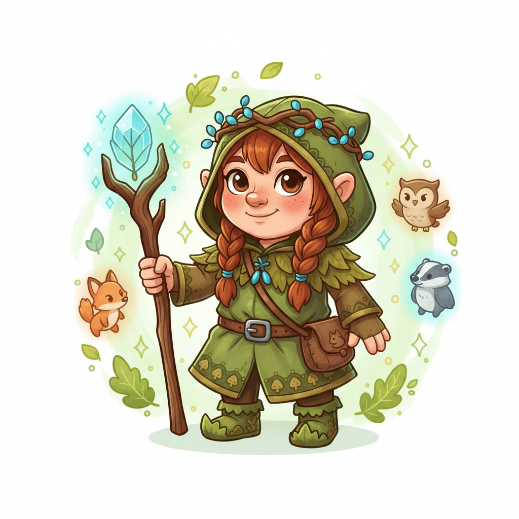 A female gnome druid wearing hooded tunic holding staff.
Square format, No background,The full character must be visible from head to toe.
Style guidance: fantasy, cartoon, for kids.
