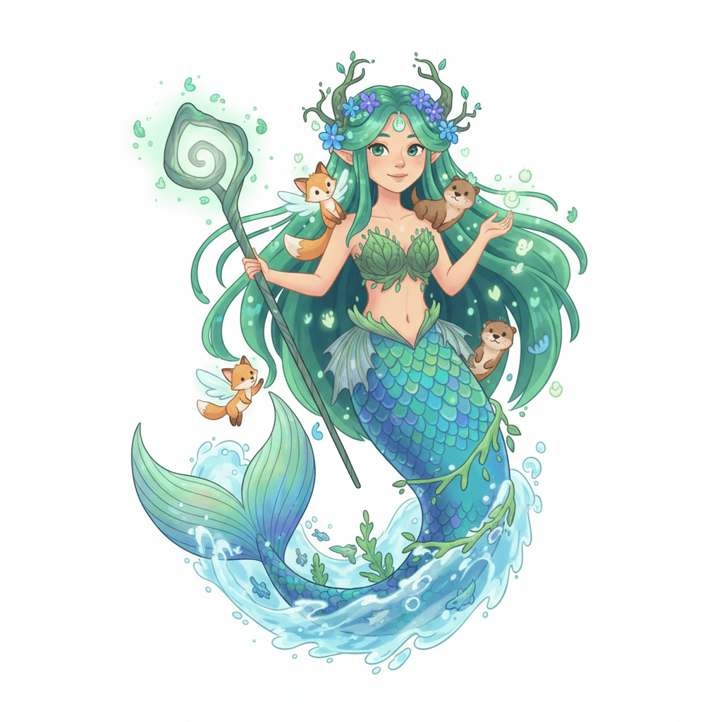 A female mermaid druid.
Square format, No background,The full character must be visible from head to toe.
Style guidance: fantasy, cartoon, for kids.
Additional notes: Beautiful magical mermaid.