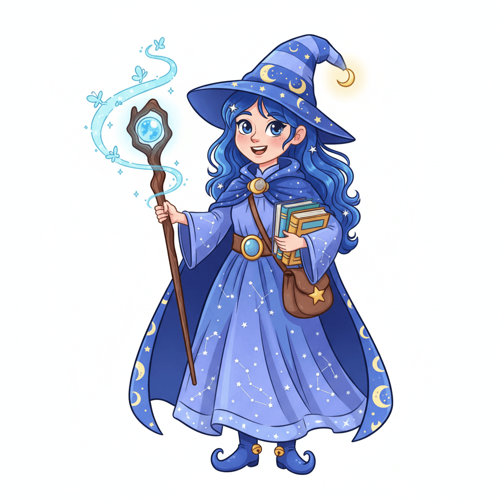 A female human wizard.
Square format, No background,The full character must be visible from head to toe.
Style guidance: fantasy, cartoon, for kids.
Additional notes: A beautiful magical wizard girl with blue hair..
