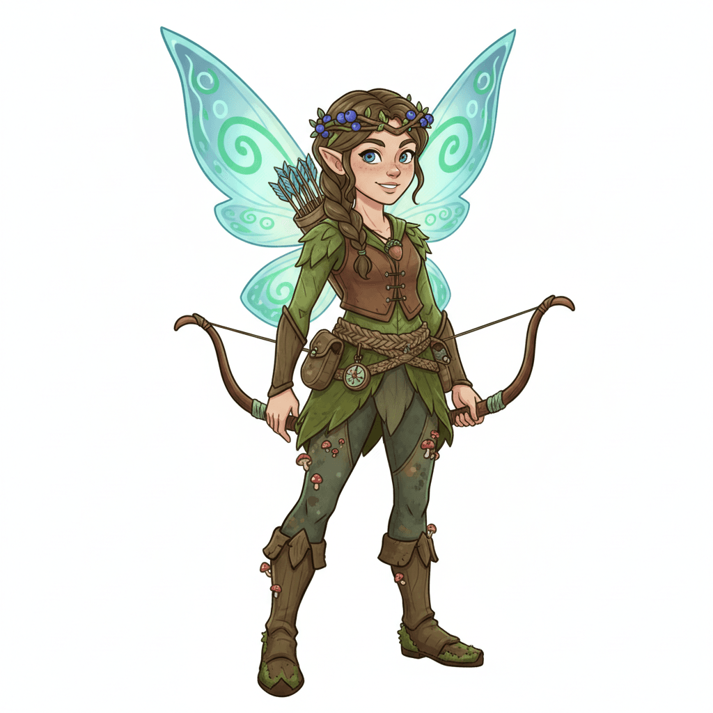 A female fairy ranger wearing travel outfit, forest gear.
Square format, No background,The full character must be visible from head to toe.
Style guidance: fantasy, cartoon, for kids.
Additional notes: a fairy girl.