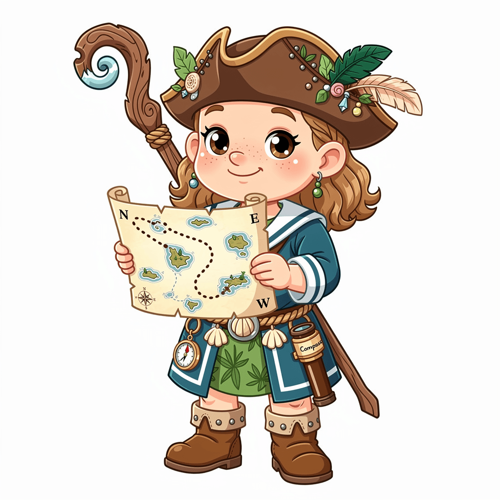 A female gnome druid.
Square format, No background,The full character must be visible from head to toe.
Style guidance: fantasy, cartoon, for kids.
Additional notes: A nautical druid and map maker.