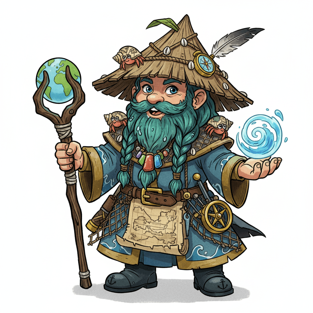 A female gnome druid.
Square format, No background,The full character must be visible from head to toe.
Style guidance: fantasy, cartoon, for kids.
Additional notes: A nautical druid and map maker.