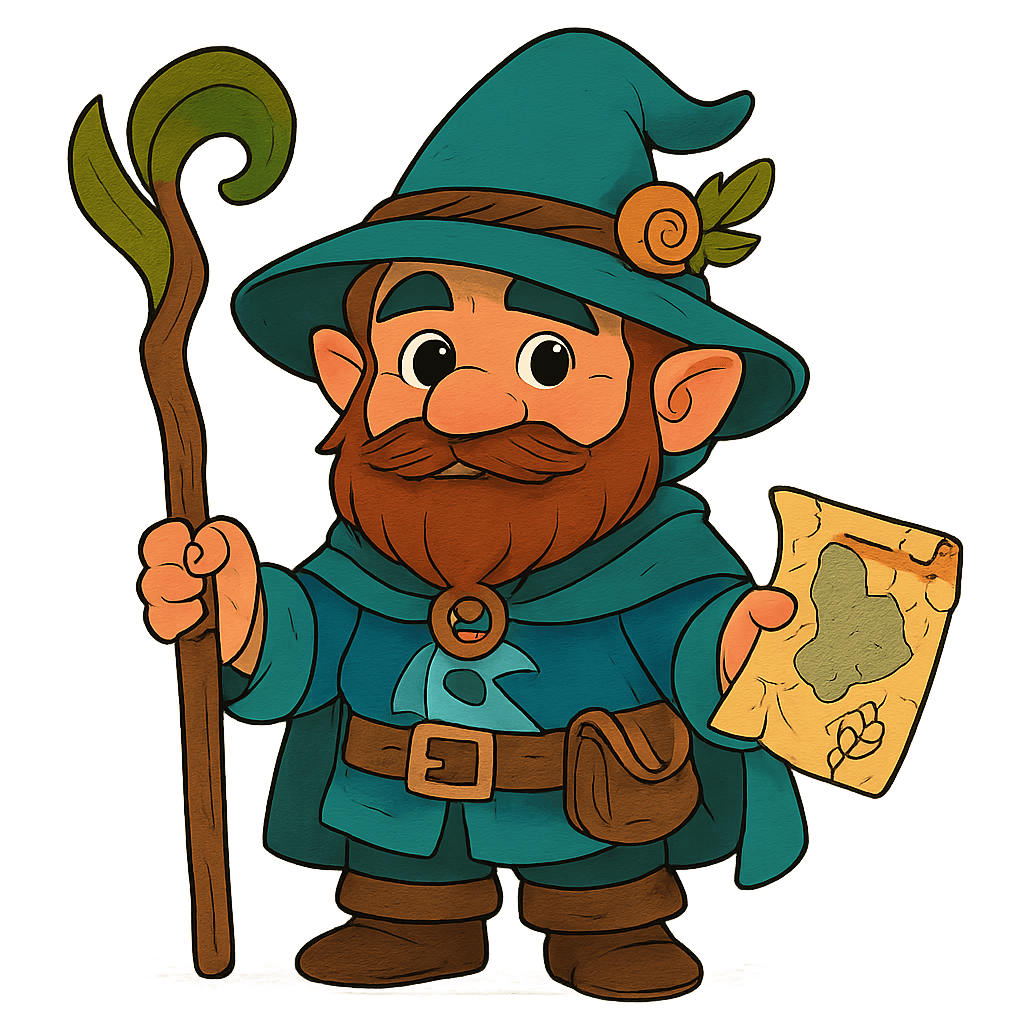 A male gnome druid.
Square format, No background,The full character must be visible from head to toe.
Style guidance: fantasy, cartoon, for kids.
Additional notes: A nautical druid and map maker.