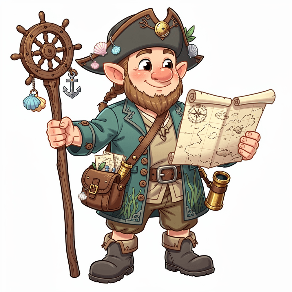 A male gnome druid.
Square format, No background,The full character must be visible from head to toe.
Style guidance: fantasy, cartoon, for kids.
Additional notes: A nautical druid and map maker.
