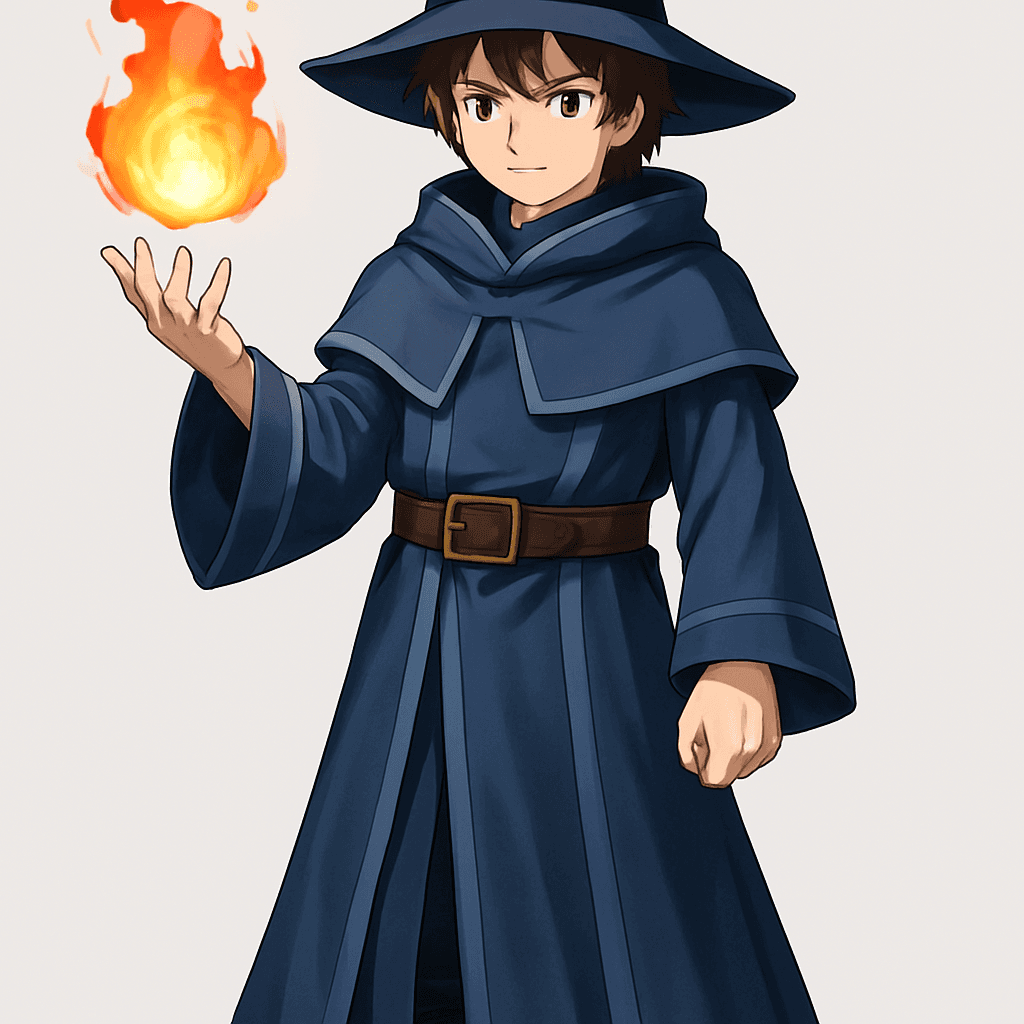 Edit this existing character image.
Base concept:
A male wizard wearing robe holding staff with magic aura.
Use vertical portrait orientation (1024x1536) with an eye-level camera angle.
The full character must be visible from head to toe.
No background. Transparent or plain blank background only.
Keep a clear line of sight to face, clothing, and held items.
Style: anime.
Overall feel: mystical.
Feedback to apply: none.
Additional notes: none.
Requested changes:
No staff, casting fireball, and make his robes cooler, full body.
Keep the same character identity, face, race or species, outfit, body shape, pose, framing, and overall silhouette unless the request explicitly changes one of those details.
Only apply the requested changes. Do not invent a different character or a different scene.
Keep the character full-body and keep the background transparent, plain, or blank unless the request explicitly asks to change it.