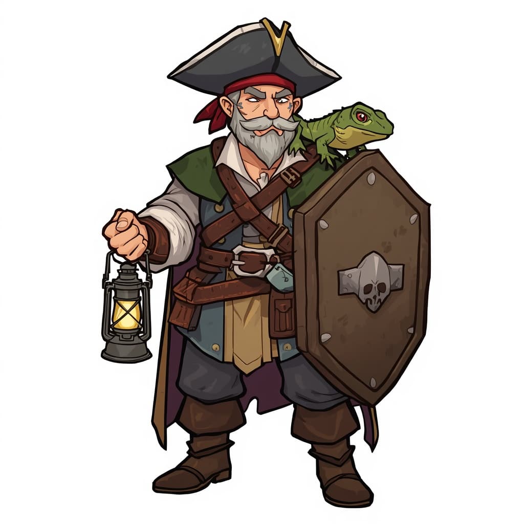 A fantasy RPG male human rogue, old friendly pirate with a pet magic lizard, wearing travel outfit, carrying lantern and shield, with scar and tattoos and calm pose, shown head to toe, no background, cartoon style.
