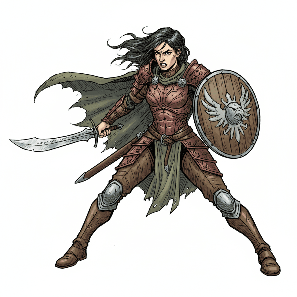 A heroic female human fighter, wearing leather armor, carrying sword and shield, with battle pose, shown three-quarter view, no background, hand-drawn style.