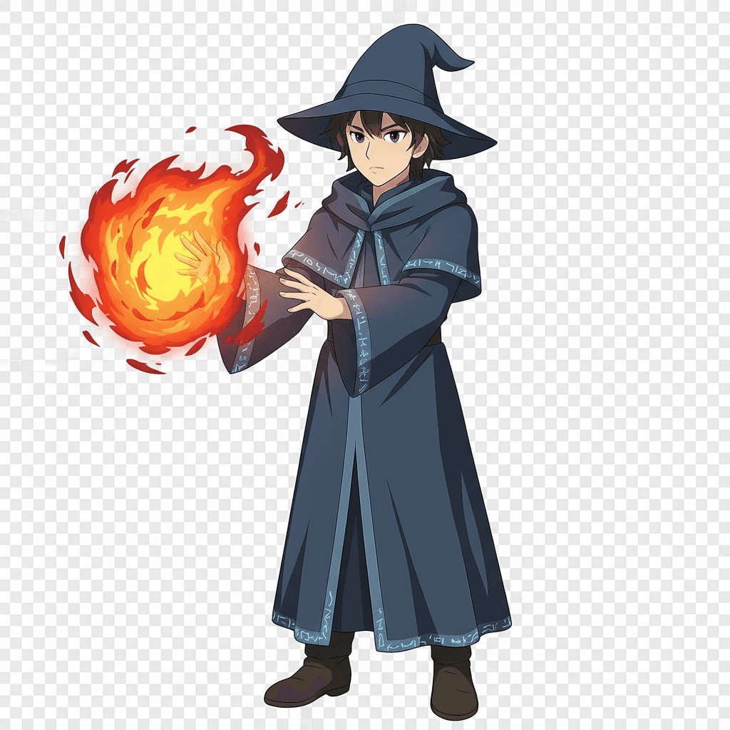 Edit this existing character image.
Base concept:
A male wizard wearing robe holding staff with magic aura.
Use vertical portrait orientation (1024x1536) with an eye-level camera angle.
The full character must be visible from head to toe.
No background. Transparent or plain blank background only.
Keep a clear line of sight to face, clothing, and held items.
Style: anime.
Overall feel: mystical.
Feedback to apply: none.
Additional notes: none.
Requested changes:
No staff, casting fireball, and make his robes cooler.
Keep the same character identity, face, race or species, outfit, body shape, pose, framing, and overall silhouette unless the request explicitly changes one of those details.
Only apply the requested changes. Do not invent a different character or a different scene.
Keep the character full-body and keep the background transparent, plain, or blank unless the request explicitly asks to change it.