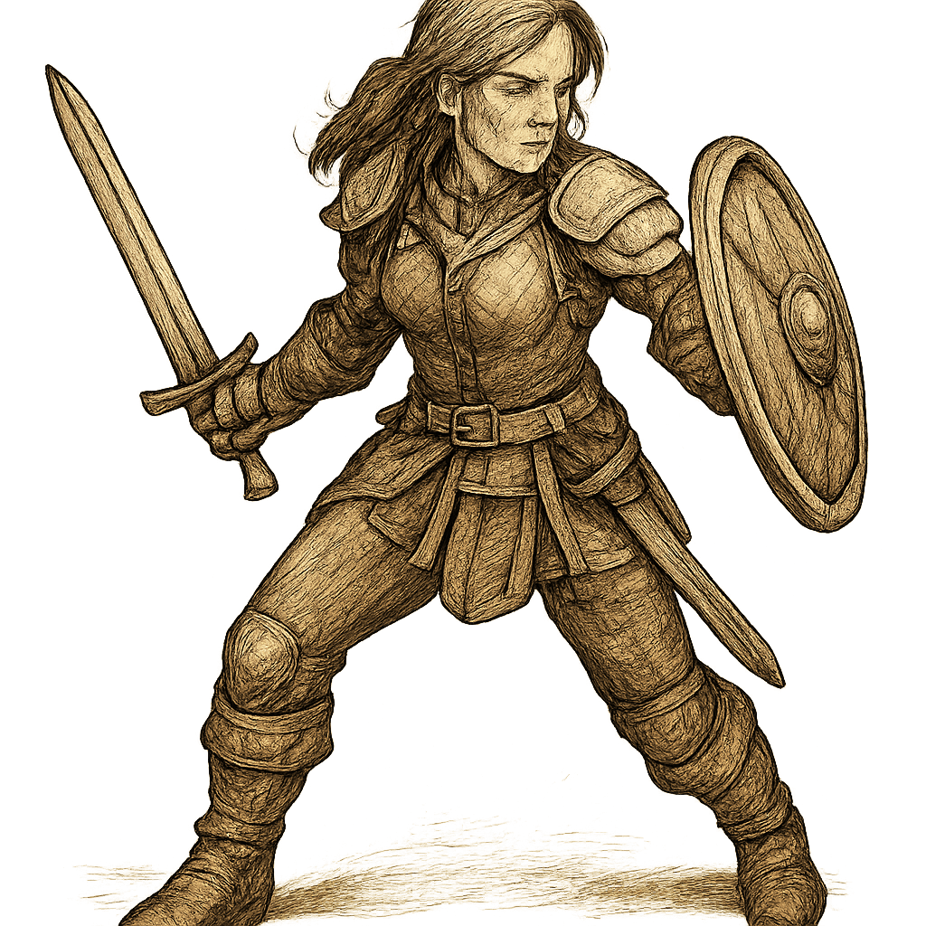 A heroic female human fighter, wearing leather armor, carrying sword and shield, with battle pose, shown three-quarter view, no background, hand-drawn style.