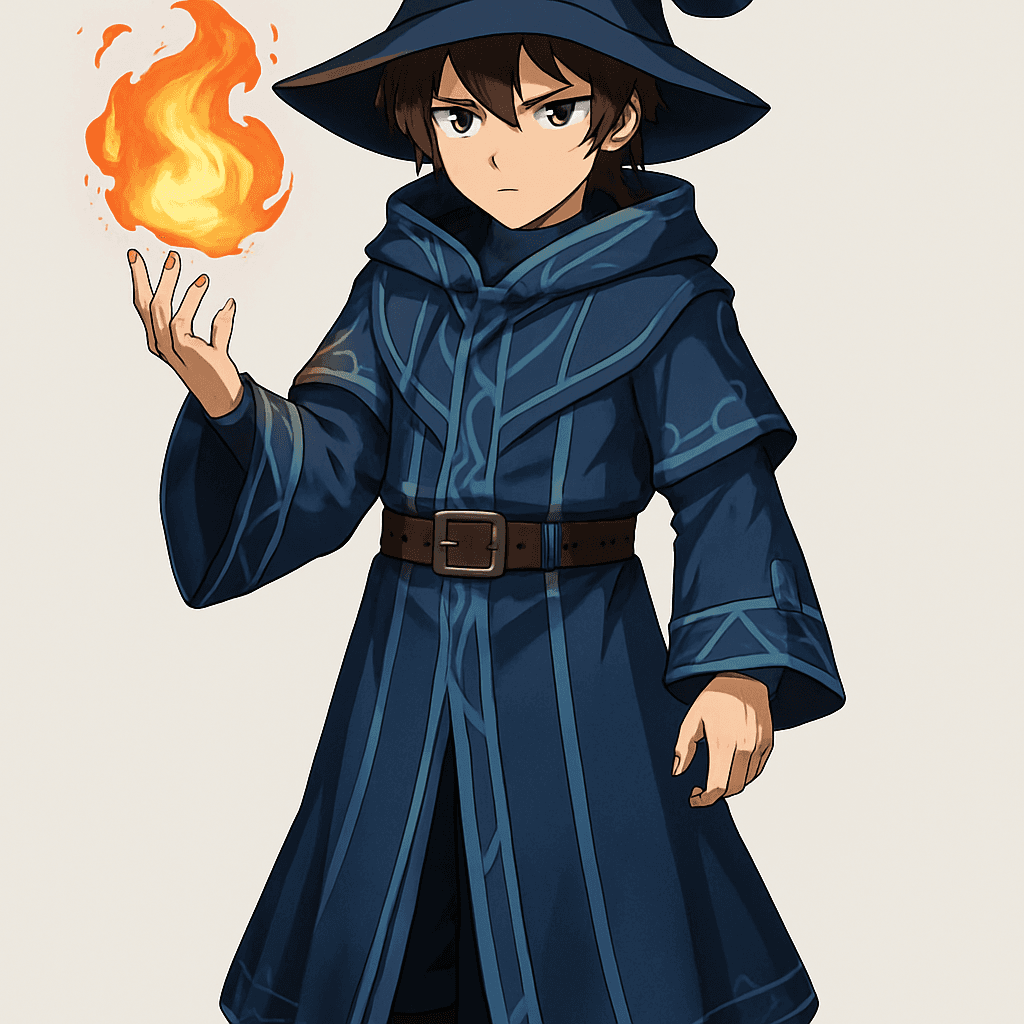 Edit this existing character image.
Base concept:
A male wizard wearing robe holding staff with magic aura.
Use vertical portrait orientation (1024x1536) with an eye-level camera angle.
The full character must be visible from head to toe.
No background. Transparent or plain blank background only.
Keep a clear line of sight to face, clothing, and held items.
Style: anime.
Overall feel: mystical.
Feedback to apply: none.
Additional notes: none.
Requested changes:
No staff, casting fireball, and make his robes cooler.
Keep the same character identity, face, race or species, outfit, body shape, pose, framing, and overall silhouette unless the request explicitly changes one of those details.
Only apply the requested changes. Do not invent a different character or a different scene.
Keep the character full-body and keep the background transparent, plain, or blank unless the request explicitly asks to change it.