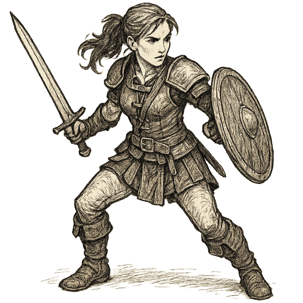 A heroic female human fighter, wearing leather armor, carrying sword and shield, with battle pose, shown three-quarter view, no background, hand-drawn style.