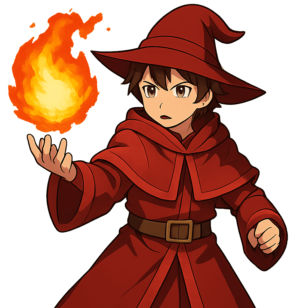 no staff, casting fireball, magical red robes. square format.