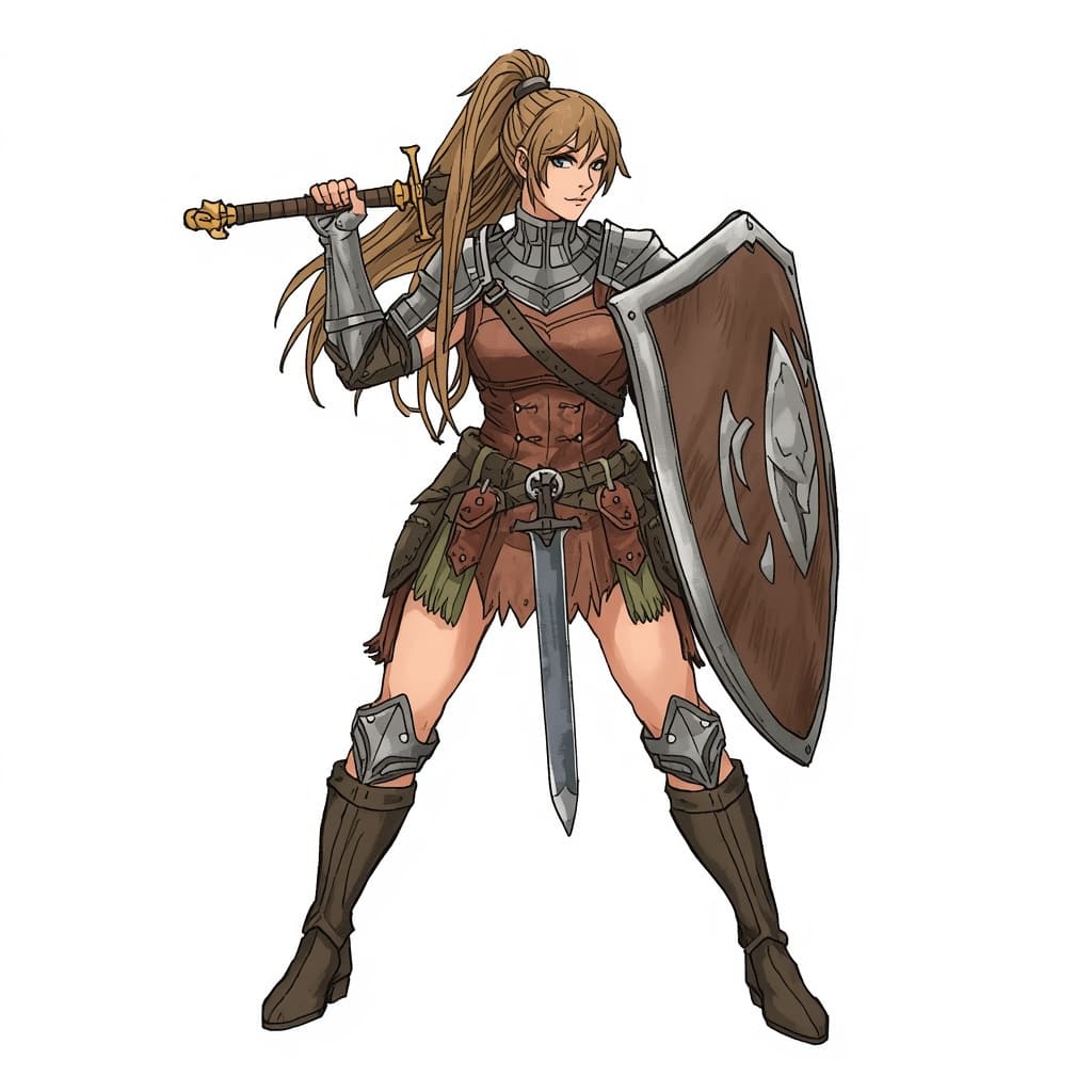 A heroic female human fighter, wearing leather armor, carrying sword and shield, with battle pose, shown three-quarter view, no background, hand-drawn style.