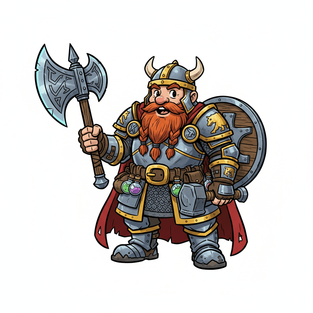 A fantasy RPG male gnome fighter, shown head to toe, no background, cartoon style.