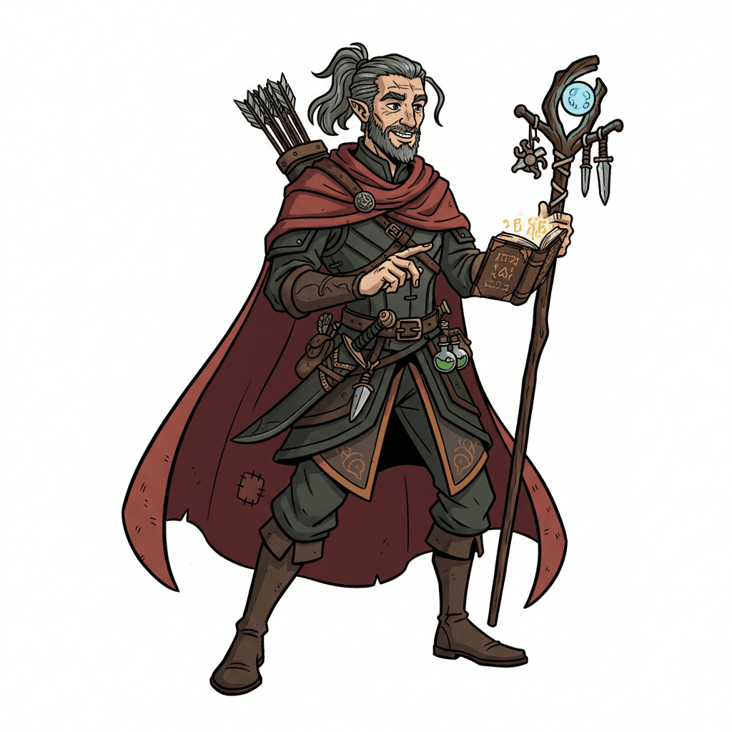 A fantasy RPG male human rogue, shown head to toe, no background, cartoon style, a former assassin turned mentor.
