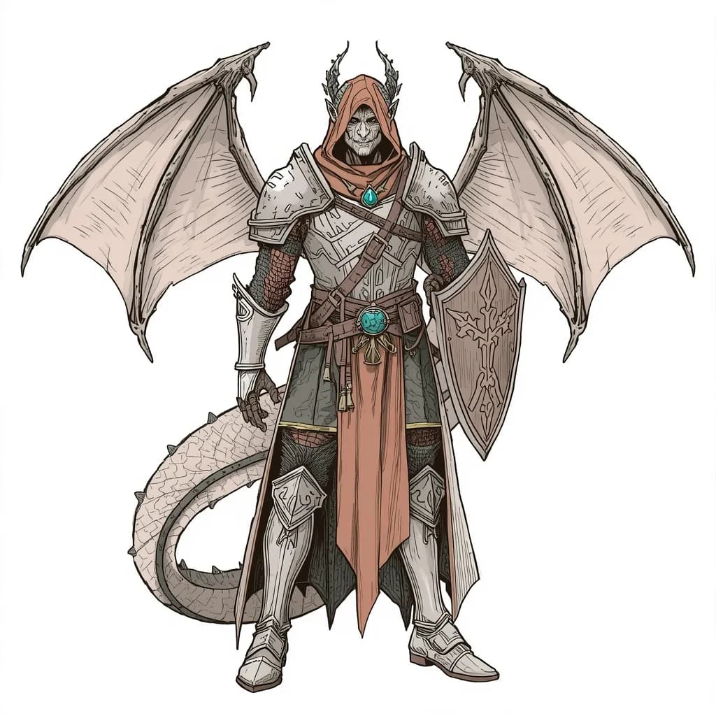 A mystical male dragon paladin, wearing plate armor and robe and hooded tunic, carrying amulet and shield, with battle pose, shown head to toe, no background, hand-drawn style.