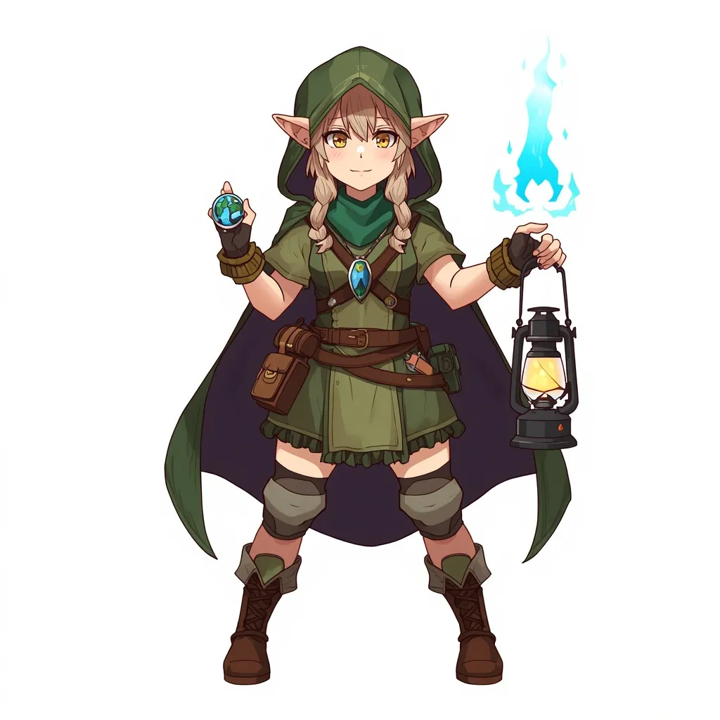 A adventurous female halfling druid, wearing forest gear and travel outfit and hooded tunic, carrying amulet and lantern, with calm pose and magic aura and cape, shown head to toe, no background, anime style.