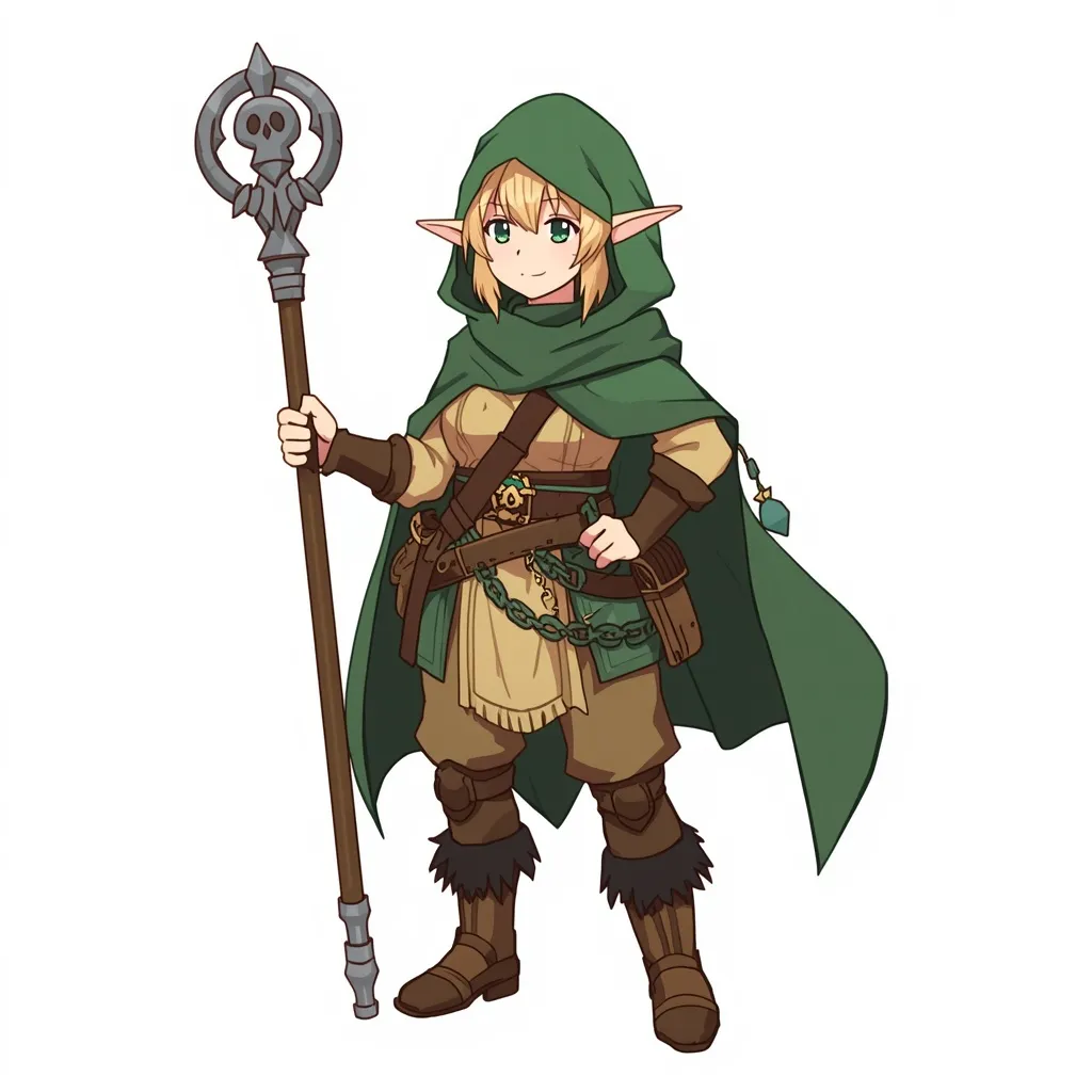 A adventurous female halfling druid, wearing forest gear and travel outfit and hooded tunic, carrying staff and amulet, with calm pose and magic aura and cape, shown head to toe, no background, anime style.