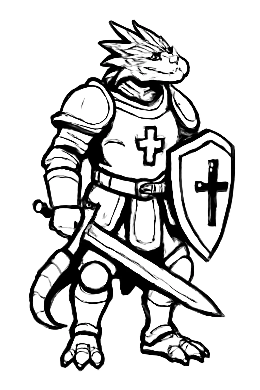 Full-body character miniature artwork of nasforg, dragonborn (Custom), Paladin. Black ink line art on a pure white background, centered, front three-quarter view, entire subject visible head to toe, bold clean connected silhouette, sturdy readable shapes, limited interior hatching, no grayscale shading, no scenery, no ground shadow, no border, no text, no watermark. Avoid thin isolated details and fragile gaps.