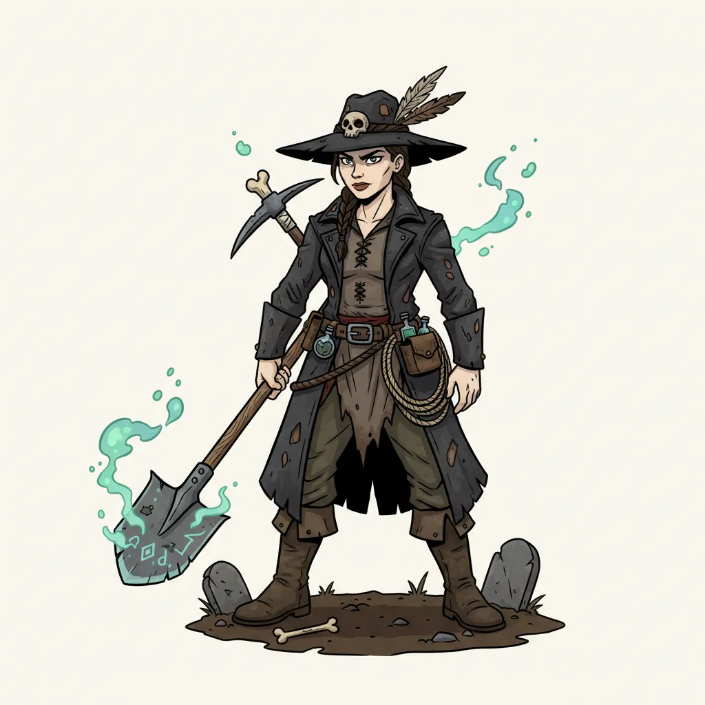 A fantasy RPG female grave digger, shown head to toe, no background, cartoon style.