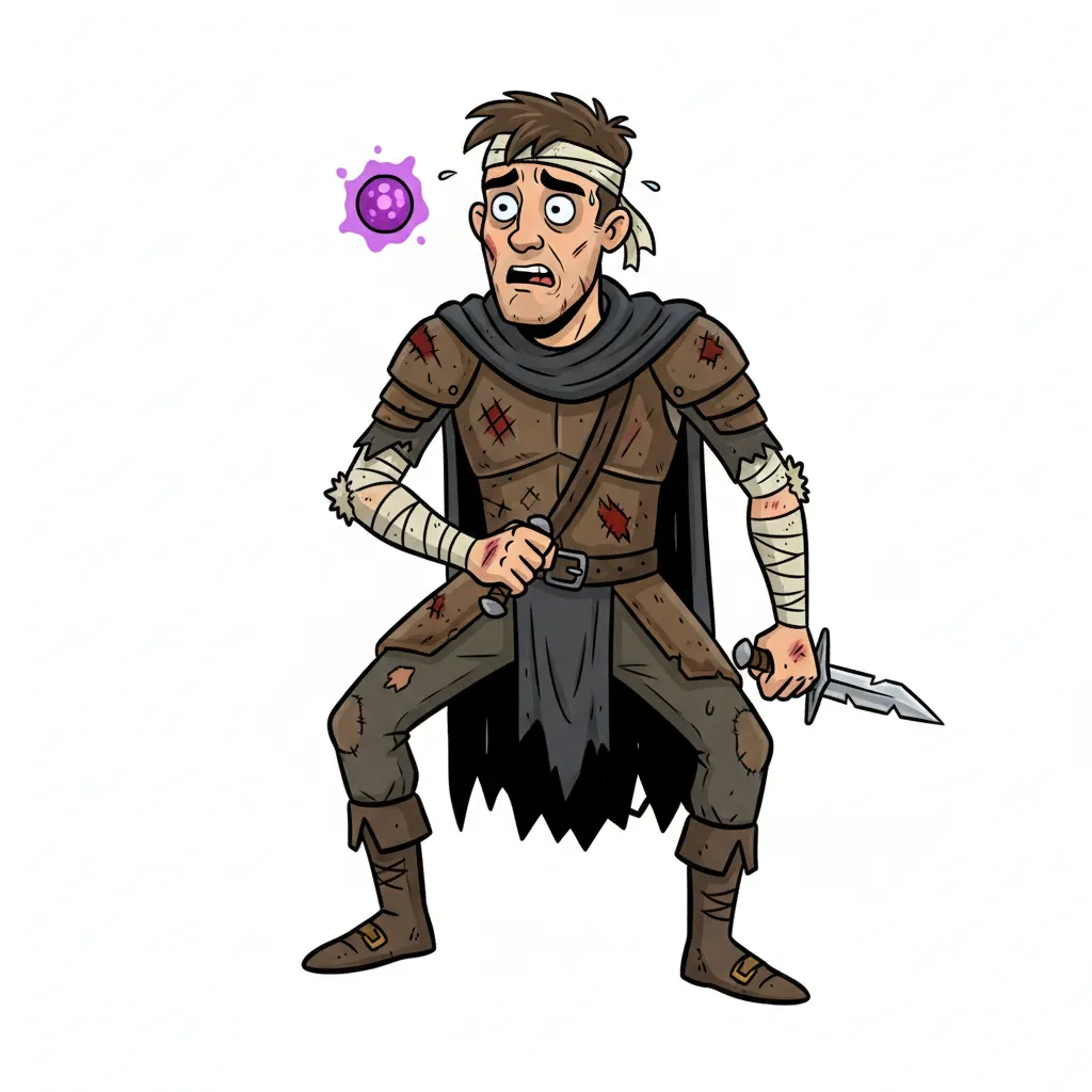 A fantasy RPG beat up and scared male human rogue, shown head to toe, no background, cartoon style.