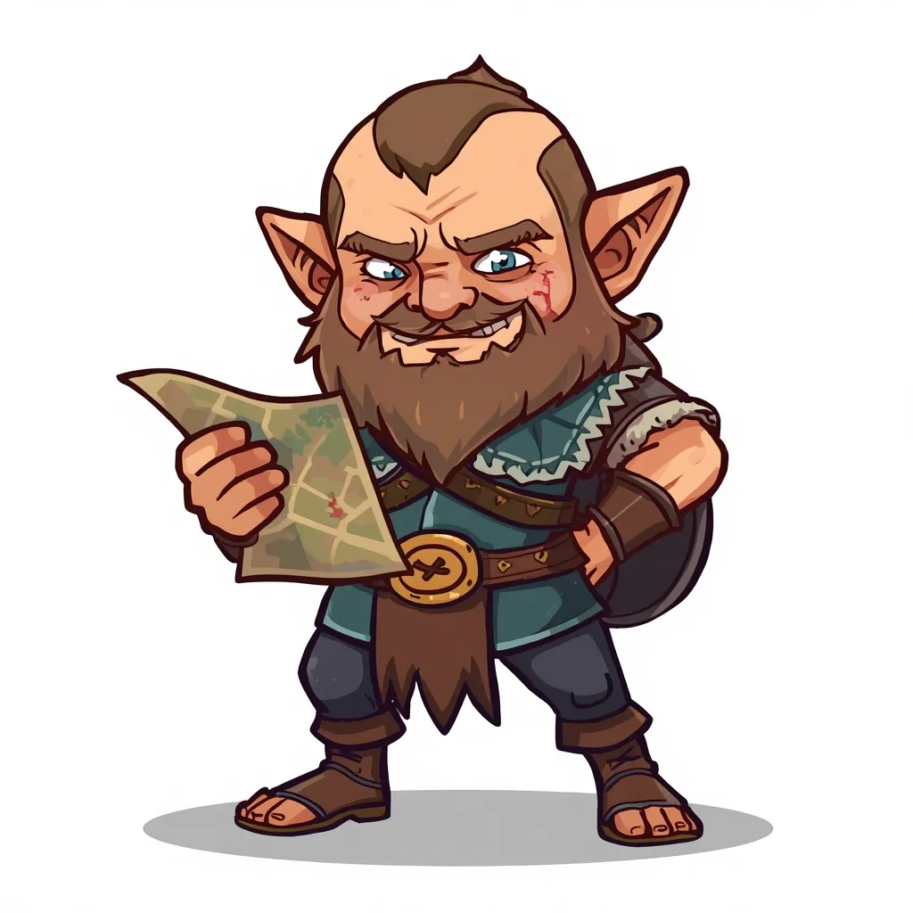 A fantasy RPG male human halfling shipwrecked and injured, holding a map, shown head to toe, no background, cartoon style.