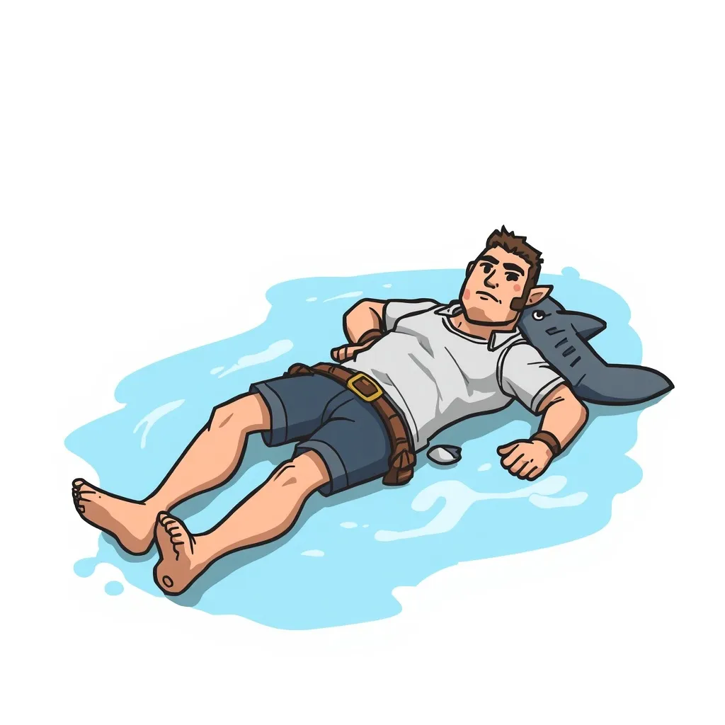 A fantasy RPG male human halfling washed ashore, shark attack victim, shown head to toe, no background, cartoon style.