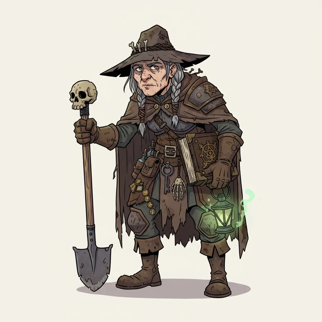 A fantasy RPG old female grave digger, shown head to toe, no background, cartoon style.