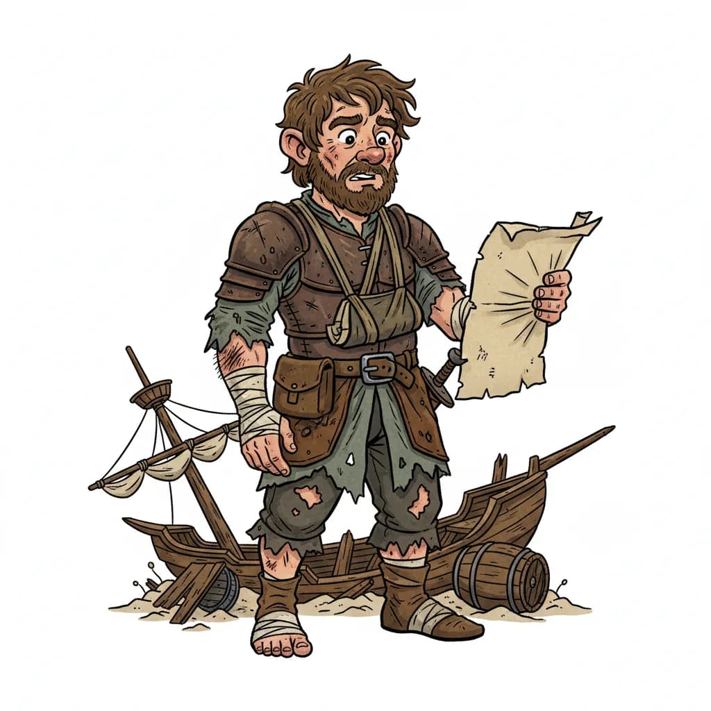 A fantasy RPG male human halfling shipwrecked and injured, holding a map, shown head to toe, no background, cartoon style.