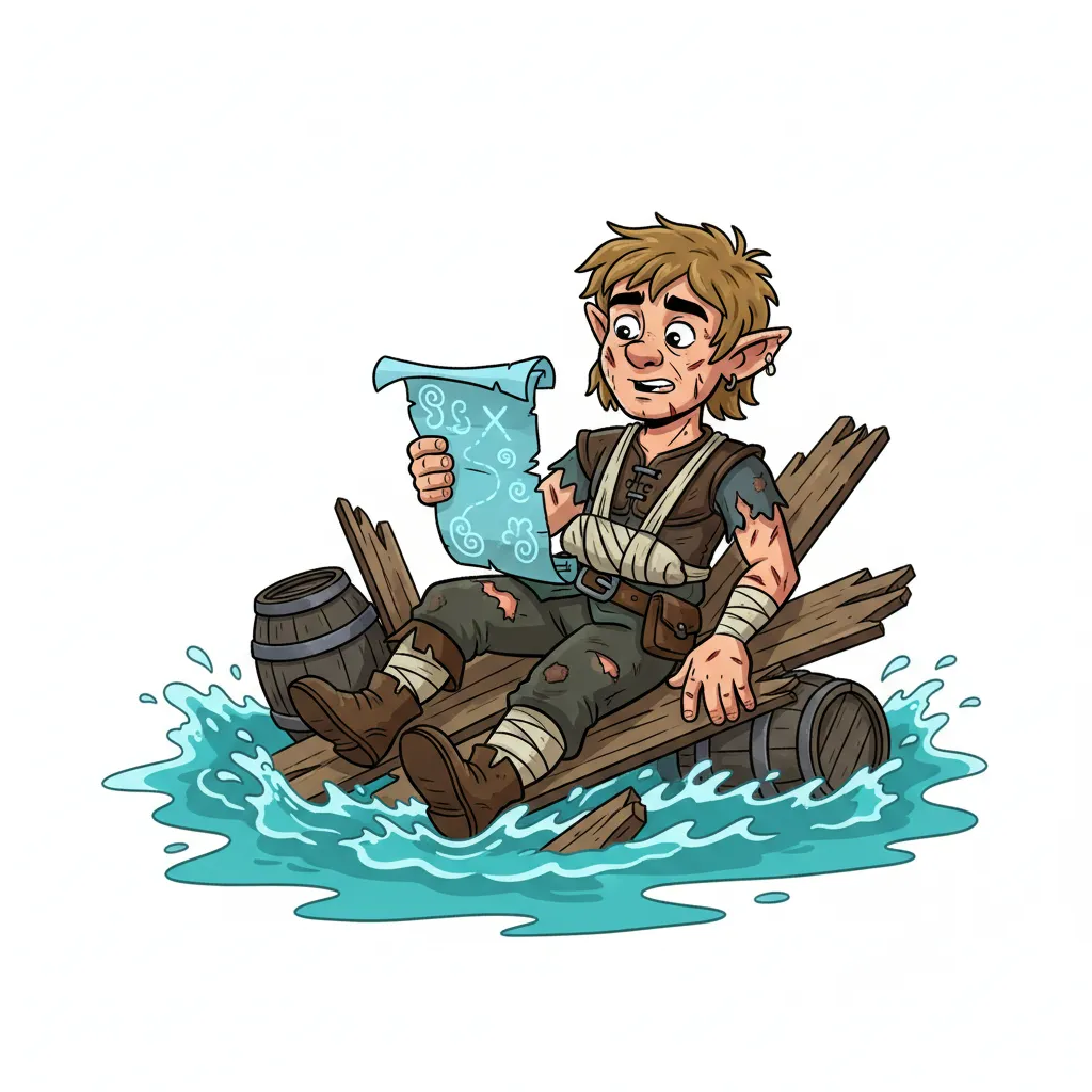 A fantasy RPG male human halfling shipwrecked and injured, holding a magic map, shown head to toe, no background, cartoon style.