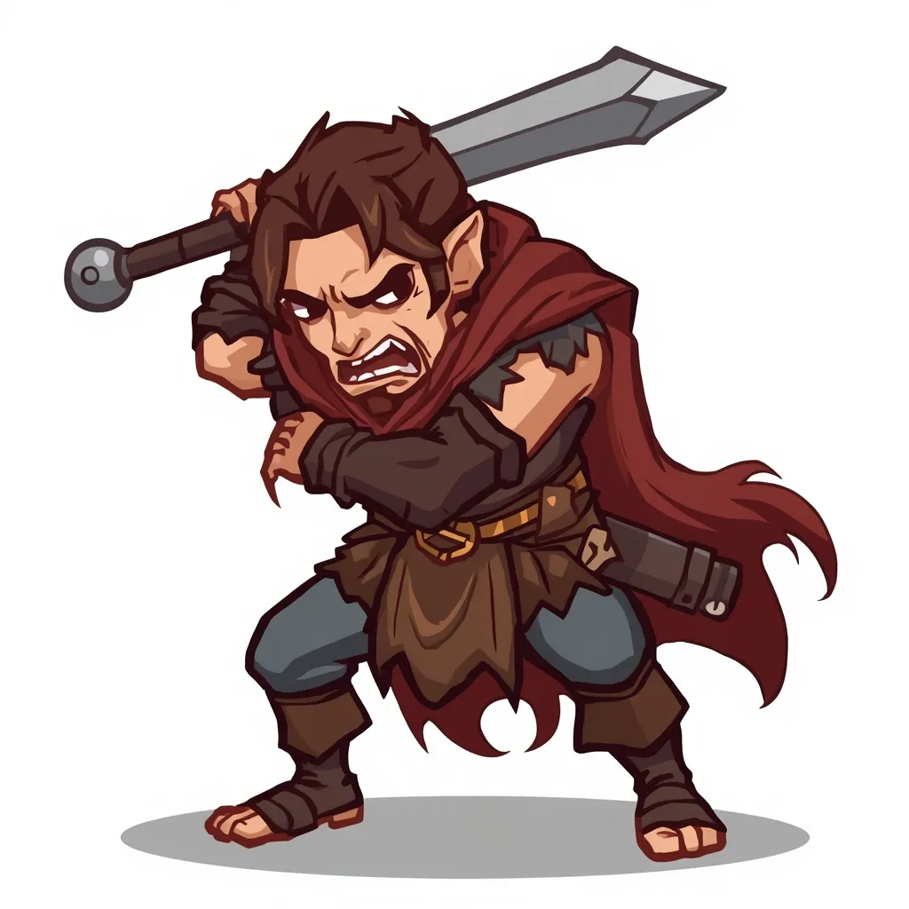 A fantasy RPG beat up and scared male human rogue, shown head to toe, no background, cartoon style.