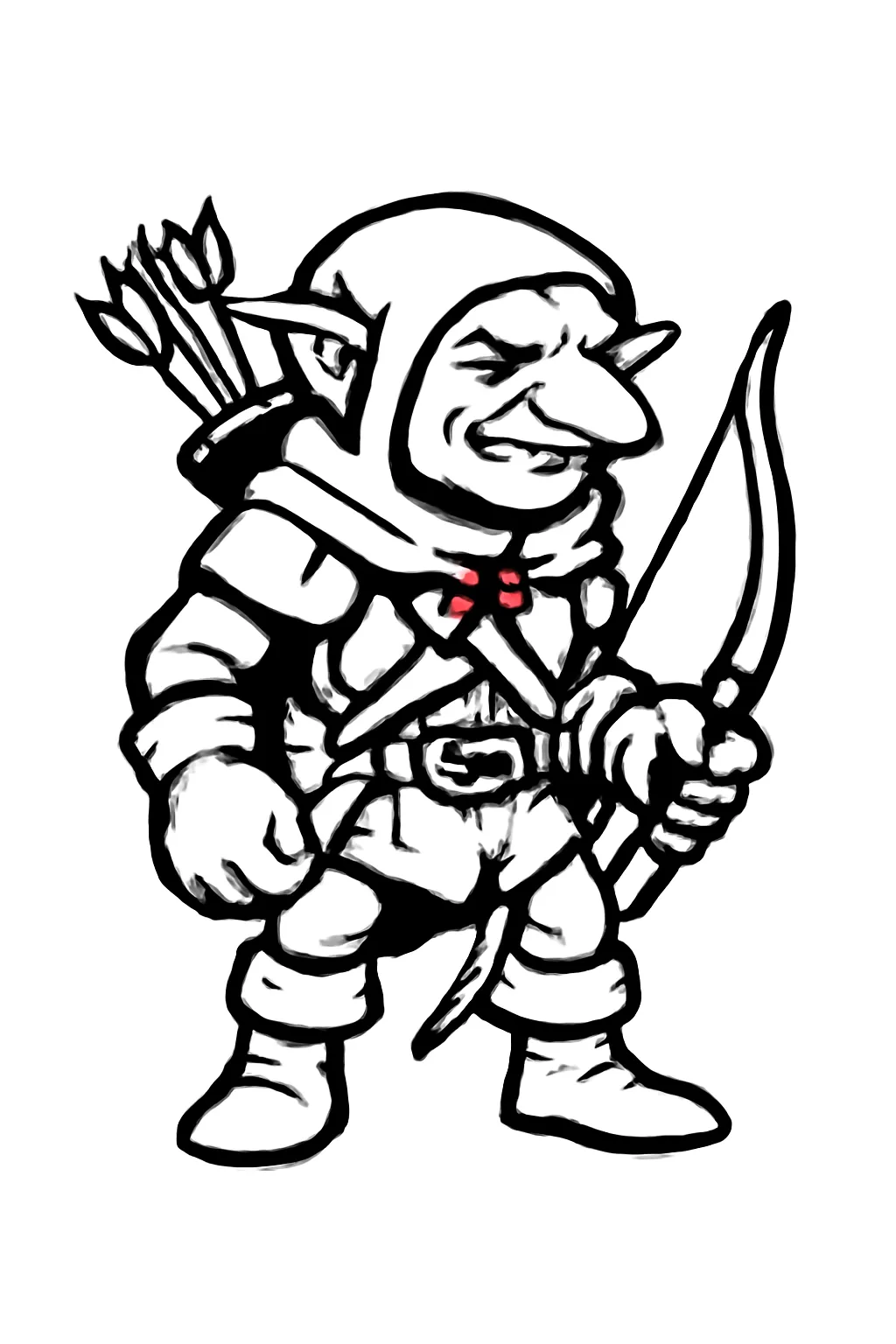 Full-body character miniature artwork of Churro, Goblin (Custom), Ranger. Black ink line art on a pure white background, centered, front three-quarter view, entire subject visible head to toe, bold clean connected silhouette, sturdy readable shapes, limited interior hatching, no grayscale shading, no scenery, no ground shadow, no border, no text, no watermark. Avoid thin isolated details and fragile gaps.