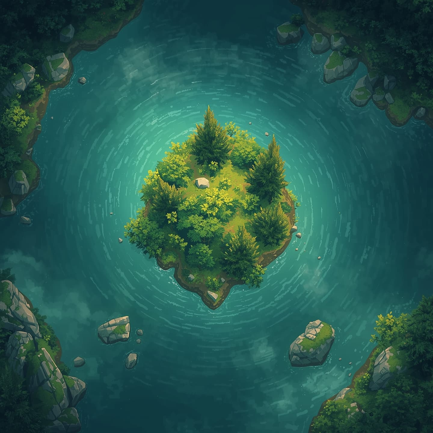 A serene magic lake with a lush island at its center, presented in a floorplan view, featuring soft and calming light coloring, intended for a fantasy role-playing game as an encounter map, with the lake's surface adorned with gentle ripples and the island covered in vibrant green foliage, surrounded by a few large rocks and trees, under a warm and inviting atmosphere, with a subtle mist rising from the lake's surface, and a sense of mystique and wonder, inviting exploration and discovery.