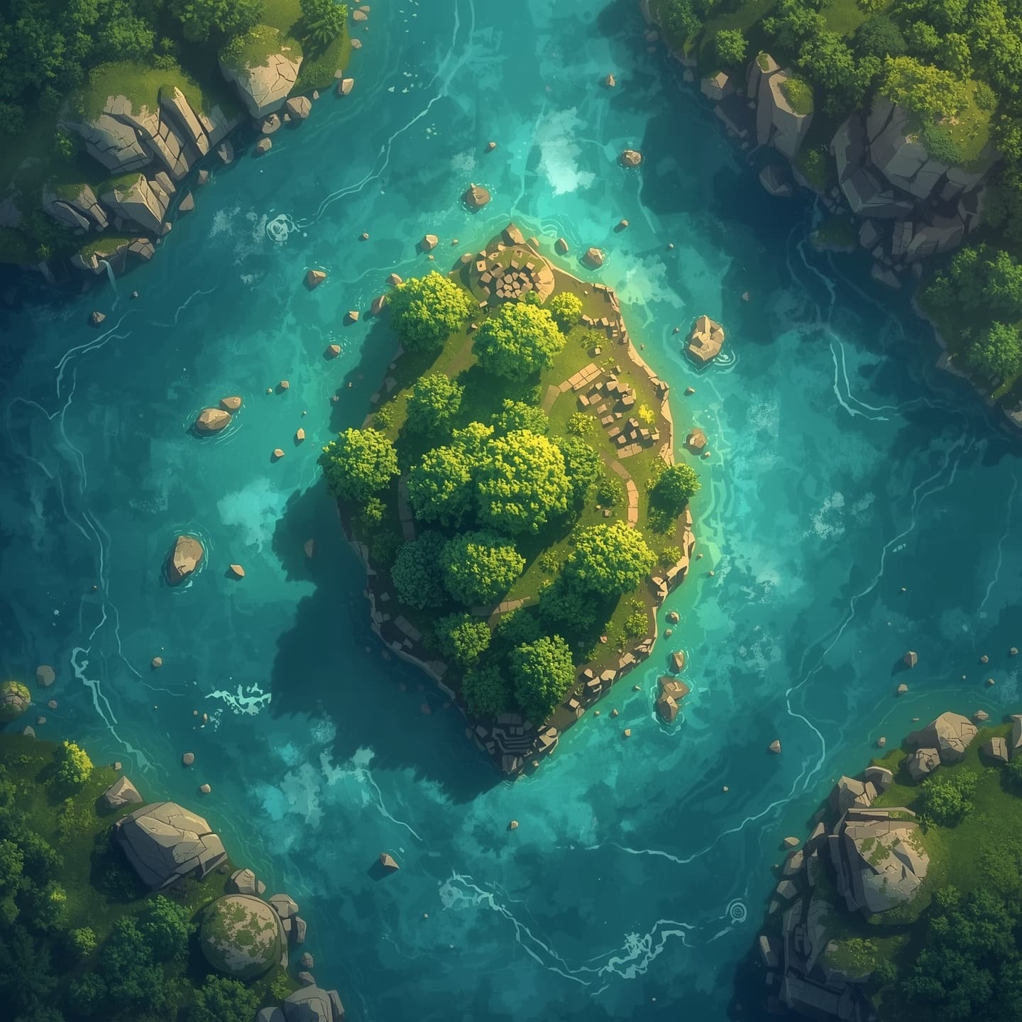 A serene magic lake with a lush island at its center, presented in a floorplan view, featuring soft and calming light coloring, intended for a fantasy role-playing game as an encounter map, with the lake's surface adorned with gentle ripples and the island covered in vibrant green foliage, surrounded by a few large rocks and trees, under a warm and inviting atmosphere, with a subtle mist rising from the lake's surface, and a sense of mystique and wonder, inviting exploration and discovery.