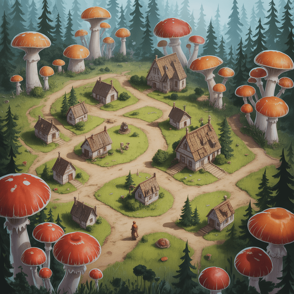 A map of a small town in a mushroom forest, for Dungeons and Dragons, fantasy rpg