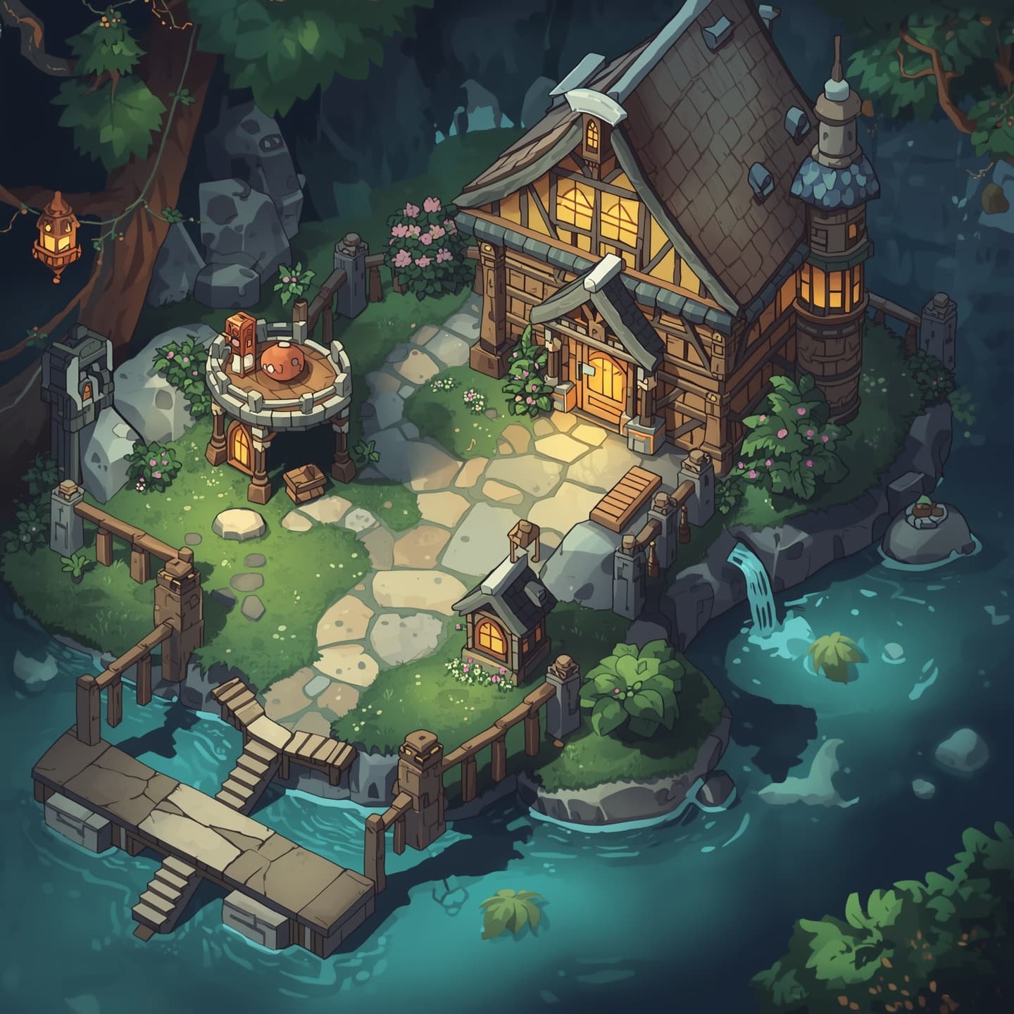 A serene magic lakehouse in a floorplan view with soft light coloring, set amidst a mystical atmosphere, intended for a fantasy role-playing game encounter map, featuring gentle water lapping at the foundation, with subtle magical glow accents and delicate wooden beams, surrounded by lush greenery and vibrant flora, incorporating a sense of wonder and enchantment, with a warm and inviting color palette, including creamy whites, pale blues, and muted greens, and a stylized layout that emphasizes exploration and discovery.