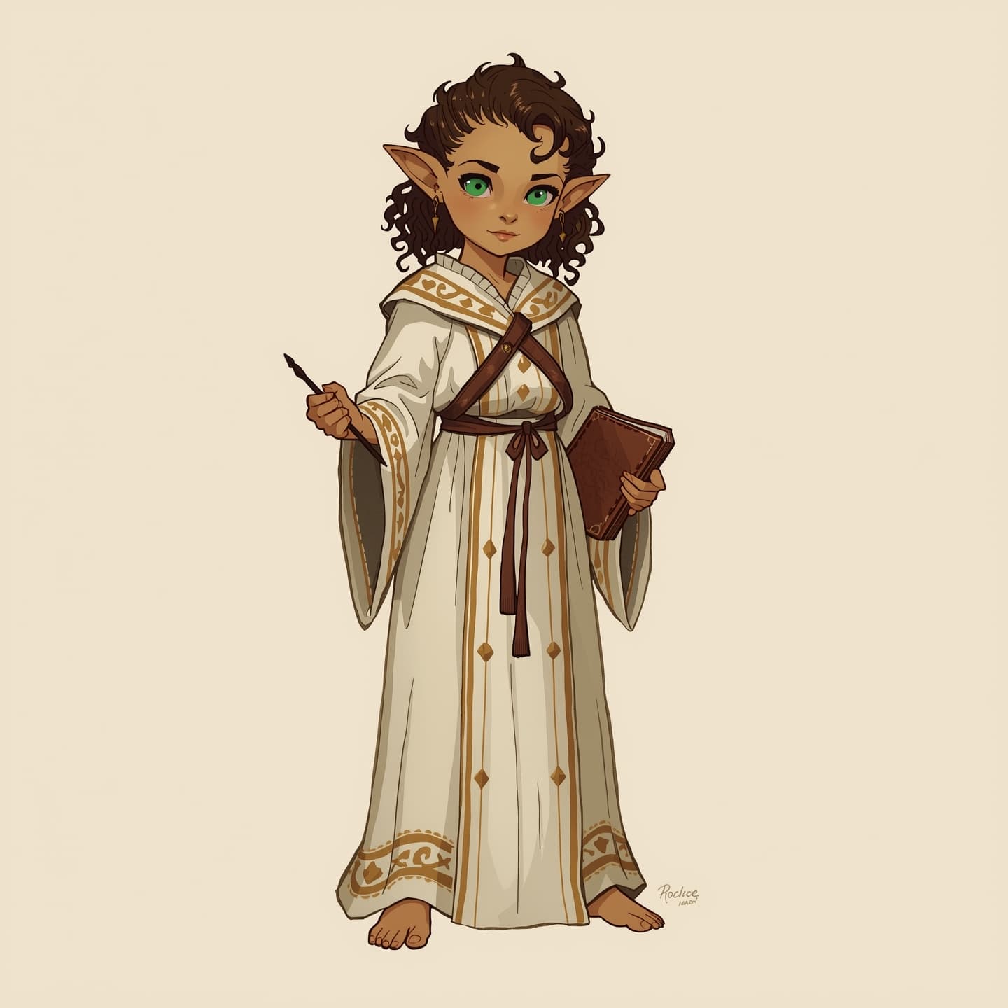 A delicate halfling wizard girl with pointed ears and curly brown hair, dressed in a long flowing white robe with intricate golden embroidery, stands proudly from head to toe, her bright green eyes sparkling with magic, her small hands grasping a worn leather-bound spellbook and a delicate wooden wand, her skin a warm olive tone, her features finely detailed in a hand-drawn style reminiscent of traditional fantasy art, with bold lines and vibrant textures, set against a plain neutral background to focus attention on the wizard girl herself.