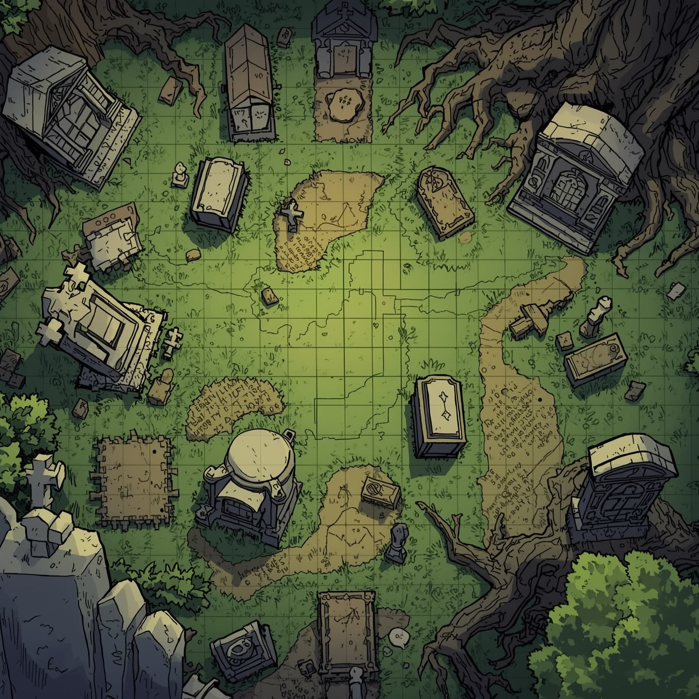 A detailed graveyard battlemap in a top down floorplan view for Dungeons and Dragons, illustrated in a hand drawn style with intricate lines and varying textures, featuring crumbling headstones, overgrown grass, and twisted tree roots, with a mix of faded and vibrant colors to evoke a sense of mystery and foreboding, including subtle shading and hatching to add depth and dimension, with a faint grid pattern to guide player movement and combat, and a variety of gravestones, mausoleums, and other funeral monuments to create a rich and immersive environment.