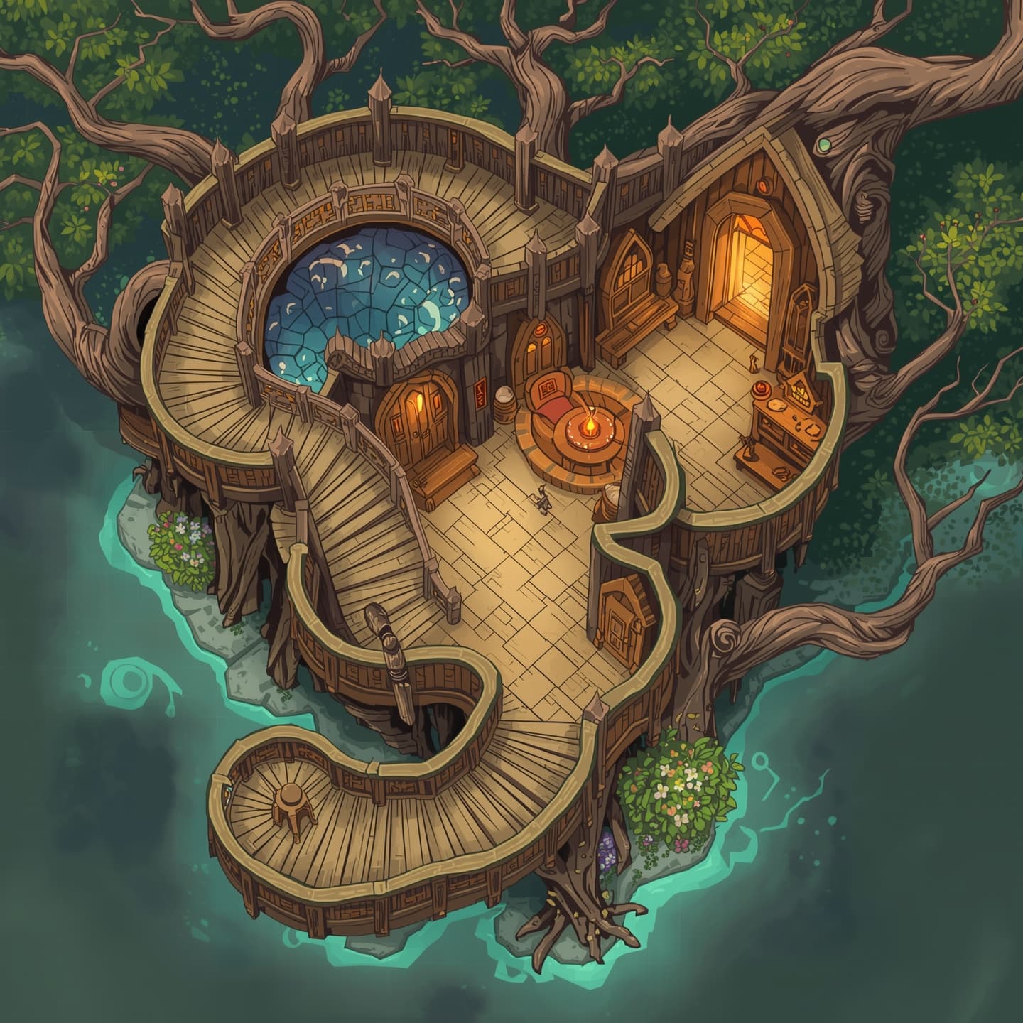 A whimsical magical treehouse in a top-down floorplan view with a pale wooden tone and soft earthy colors, designed for a Dungeons and Dragons battle map, featuring intricate details such as twisted branches, curved staircases, and glowing runes, with various rooms and levels, including a grand central chamber, cozy nooks, and a winding observatory, surrounded by lush green leaves and vibrant flowers, with a subtle mystical glow emanating from the tree's core, and a clear grid system for easy navigation and combat planning.