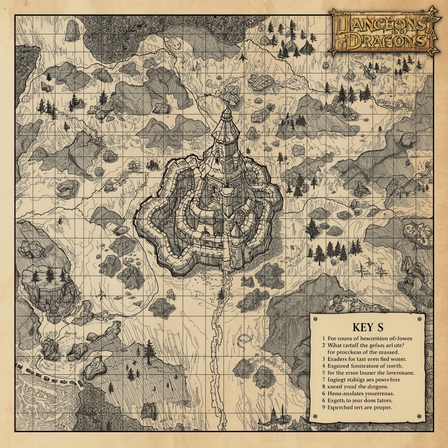 A highly detailed battlemap for Dungeons and Dragons, illustrated in a traditional hand-drawn style, presented in a striking black and white color scheme, with intricate line work and varying textures, featuring a large grid to demarcate spaces, scattered with hand-drawn rocks, trees, and other environmental features, including a prominent castle or fortress in the center, surrounded by rolling hills and a meandering river, with a bold, handwritten key or legend to explain the various symbols and markings used throughout the map.