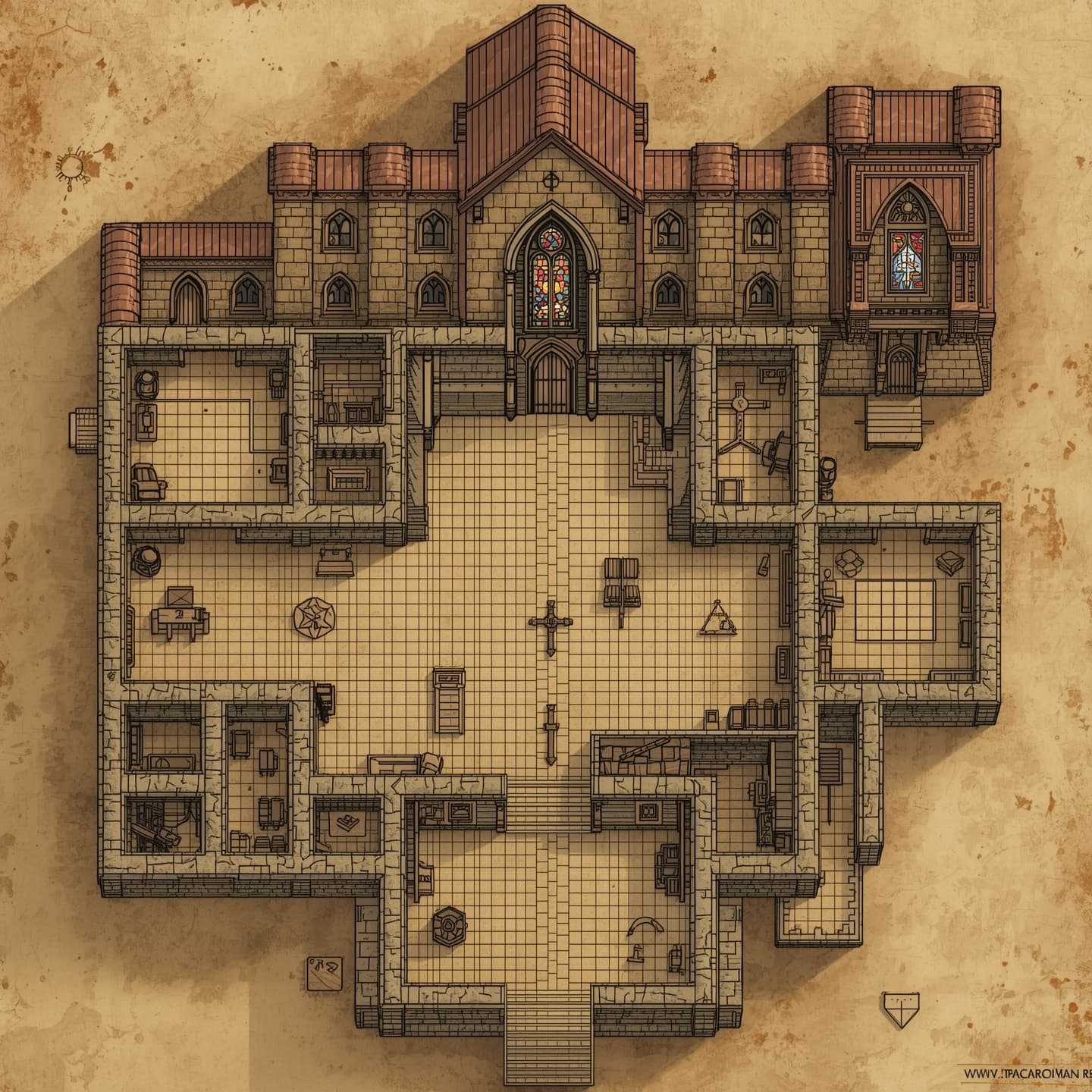 A intricately detailed church with multiple rooms and chambers, designed as a battlemap for Dungeons and Dragons, rendered in a hand-drawn style with varying line weights and textures, featuring a combination of stone, wooden, and stained glass elements, with warm earthy tones and muted colors, including shades of brown, beige, and gray, and possibly some vibrant colors from the stained glass windows, the layout should include a large central hall with a high vaulted ceiling, several smaller rooms and corridors, and possibly a tower or a courtyard, with meticulous attention to architectural details and a sense of aged wear and tear, the hand-drawn style should evoke a sense of medieval craftsmanship and fantasy world-building.