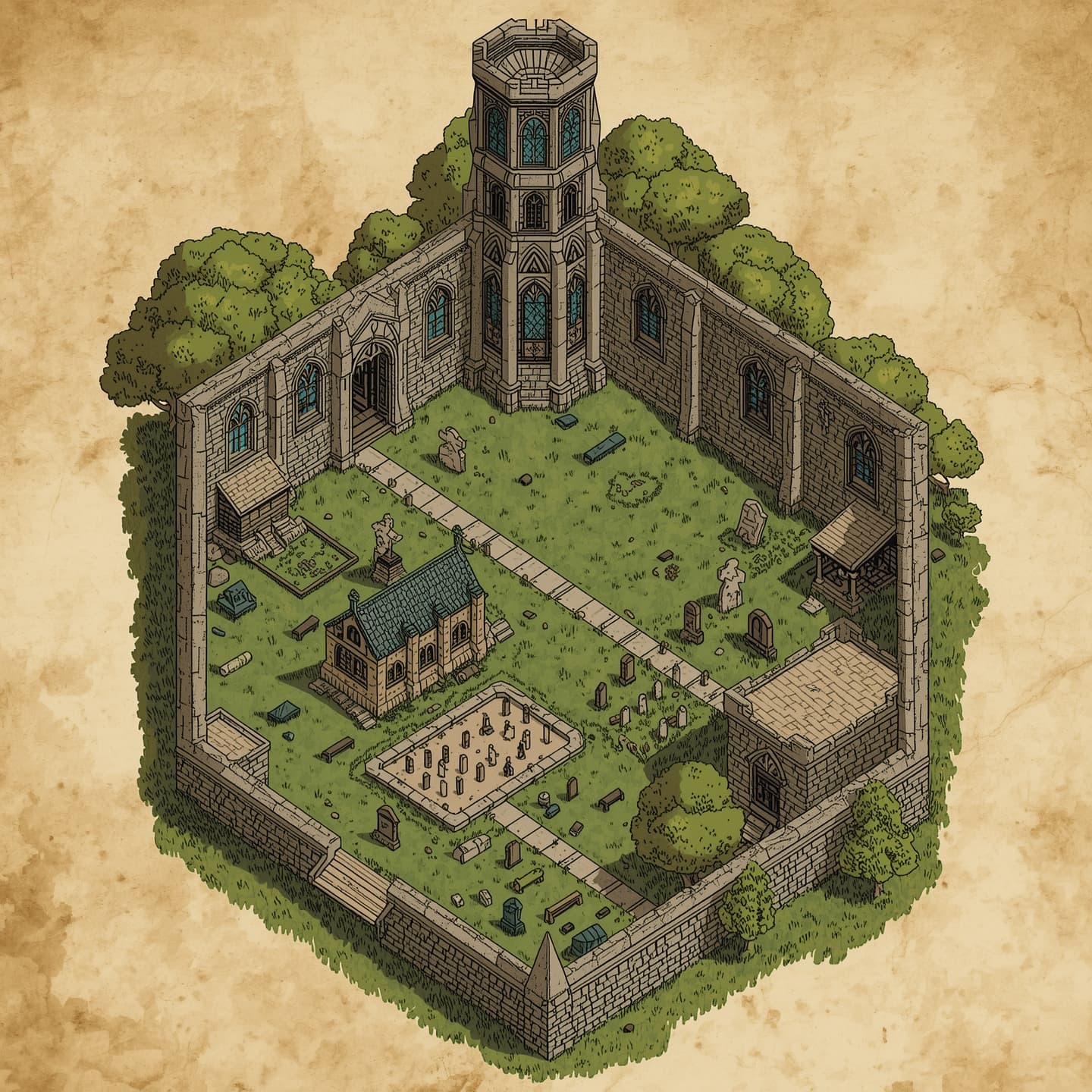 A historic church with a sprawling graveyard, depicted as a battlemap in a top-down, floorplan view, specifically designed for Dungeons and Dragons gameplay, created with a hand-drawn aesthetic, featuring intricate stone walls, stained glass windows, and a prominent steeple, with crumbling headstones and overgrown vegetation in the graveyard, and a mix of cobblestone and dirt pathways, all illustrated in a detailed, hand-drawn style with varying line weights and textures, including faded parchment-like paper texture in the background to give it an antique feel.